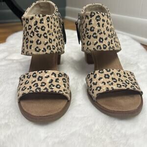 Women’s TOMS Majorca Tan Natural Leopard Print Block Heel Sandals Zip Sz 8.5